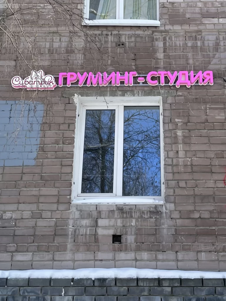 Вывеска "груминг студия сибатрик". Объёмные световые буквы и логотип на металлической раме.